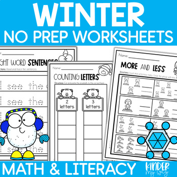 Preview of Winter Math and Literacy Worksheets for PreK and K | No Prep Winter Printables