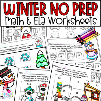 Preview of Winter Math and Phonics Worksheets - January Activities - No Prep