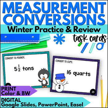 Preview of Winter Measurement Conversions Task Cards - Snowman Practice and Review Activity