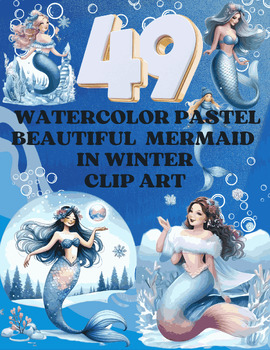 Preview of Winter Mermaids: Watercolor Pastel Beautiful Mermaid Clip Art