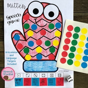 Preview of Winter Mitten Speech Language Therapy Roll Game: wh questions + articulation