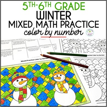Preview of Winter Mixed Math Review Color by Number for 5th 6th Grades