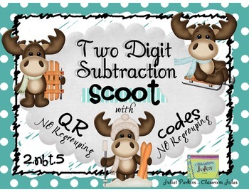 Preview of Winter Moose Two Digit Subtraction with QR CODES - 2.NBT.5 - WITHOUT Regrouping