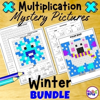 Preview of Winter Multiplication Mystery Pictures Math Activities BUNDLE