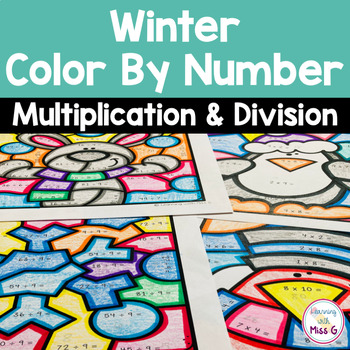 Preview of Winter Multiplication and Division Color By Number Worksheets -  Math Review