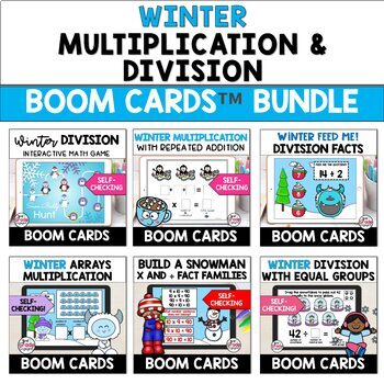 Preview of Winter Multiplication and Division Math Boom Cards™ Bundle