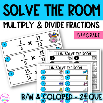 Preview of Winter Multiplying and Dividing Fractions Solve The Room Activity 5th 6th Grade