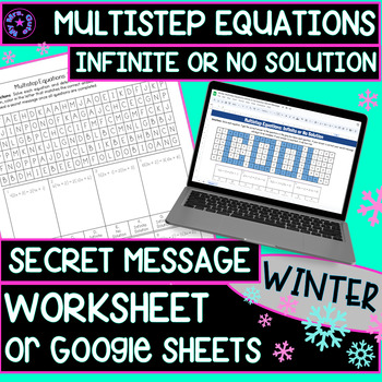 Preview of Winter Multistep Equations Infinite or No Solution Worksheet or Google Sheets