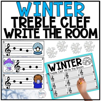 Preview of Winter Music Activity - Music Write the Room - Treble Clef - Lines & Spaces