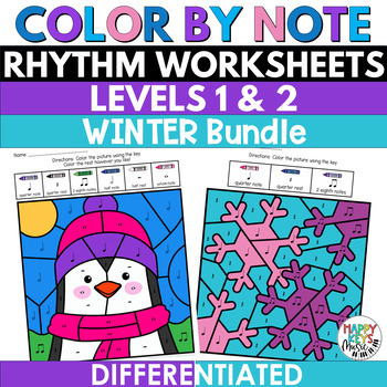 Preview of Winter Music Coloring Pages - Color by Note Rhythm Worksheets Bundle Lev. 1 & 2