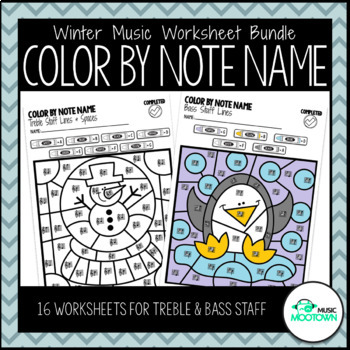 Preview of Winter Music Worksheets: Color by Note Name - Bundle
