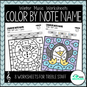 Preview of Winter Music Worksheets: Color by Note Name - Treble Staff