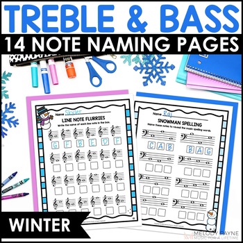 Preview of Winter Music Worksheets  - Treble & Bass Clef Note Naming Theory Worksheets