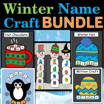 Preview of Winter Name Crafts Bundle | Winter Activities | Snowman, Hot Chocolate, Hat..