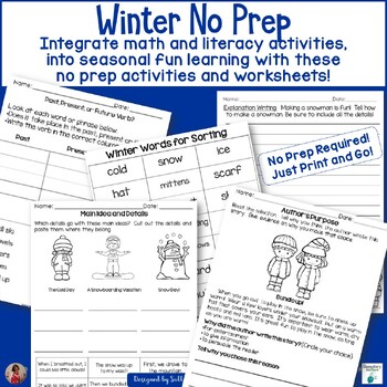 Preview of Winter No Prep Literacy and Math Activities, Printables, and Worksheets