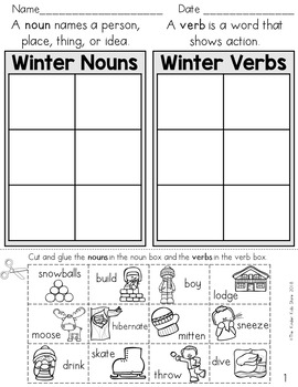 Preview of Winter Noun and Verb Sort (Parts of Speech Worksheets)