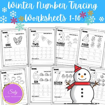 Preview of Winter Number Tracing Worksheets 1-10, Trace, Write and Count