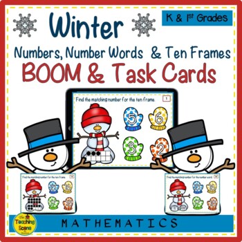 Preview of Winter Numbers, Number Words & Ten Frames BOOM & Task Cards Match Game