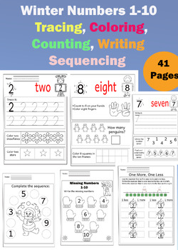 Preview of Winter Numbers Worksheets | Tracing, Writing, Coloring, Counting | Numbers 1-10