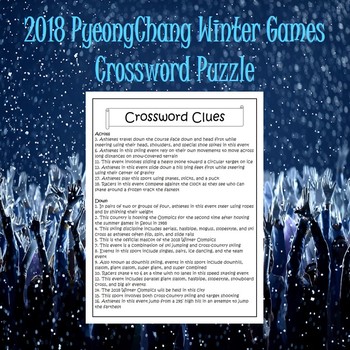 Winter Olympics 2018 Crossword Puzzle Elementary TpT