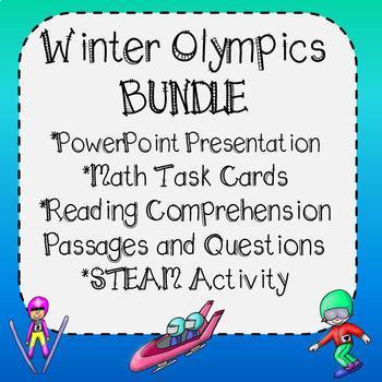 Preview of Winter Olympics 2022 Bundle PowerPoint, STEM, Math Task Cards & Reading Passages