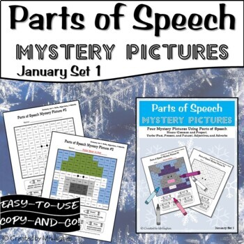 Preview of Winter Parts of Speech Mystery Pictures | Grammar Mystery Pictures | January