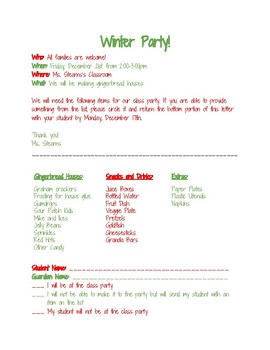 Preview of Winter Party, Christmas Party, Gingerbread House Party Parent Letter