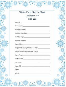Preview of Winter Party Parent Sign Up Page