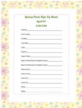 Preview of Spring Party Sign Up Sheet