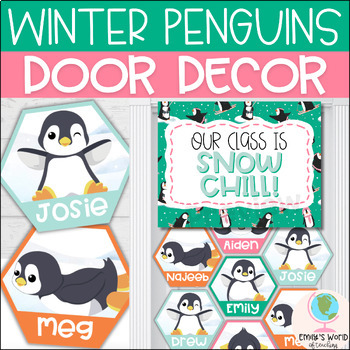 Preview of Winter Penguin Theme Door Display/Bulletin Board Kit, EDITABLE Classroom Decor