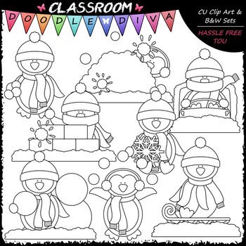 Winter Penguins Clip Art & B&W Set by Classroom Doodle Diva | TPT