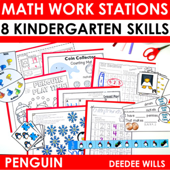Preview of Winter Penguins Kindergarten Math Centers Stations Games Activities