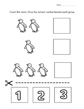 Winter Penguins number 1-10 Cut and Paste Match to 3 Prek Printables