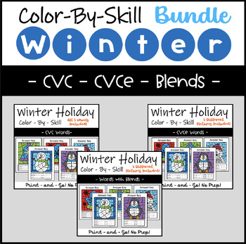 Preview of Winter Phonics Color by Code CVC, CVCe, & Blends BUNDLE