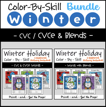 Preview of Winter Phonics Color by Code CVC / CVCe & Blends Words BUNDLE