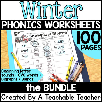 Preview of Winter Phonics Worksheets Games Activities Decodable Readers Kinder 1st Grade