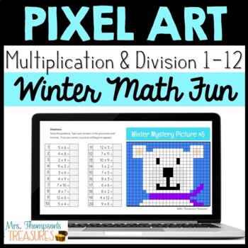 Preview of Winter Pixel Art Math Mystery Pictures  - Multiplication & Division Facts 1-12