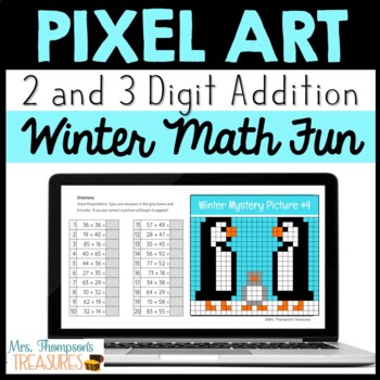 Preview of Winter Pixel Art Math Mystery Pictures for Google Sheets™ - 2 & 3 Digit Addition