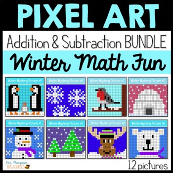 Preview of Winter Pixel Art Math for Google Sheets™ - Addition and Subtraction BUNDLE
