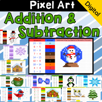 Preview of Winter Pixel Art Mystery Reveals for Addition and Subtraction facts practice