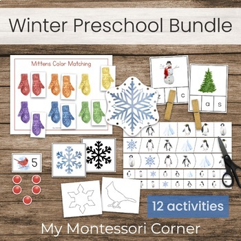 Preview of Winter Preschool Activity Bundle, Montessori inspired hands-on unit materials