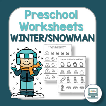 Preview of Winter Preschool Worksheets NO PREP PreK Snowman Literacy Math Packet