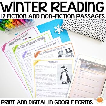 Preview of Winter Reading Comprehension Passages | FICTION NON-FICTION | Google Forms Print