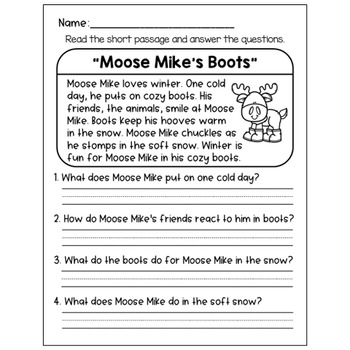 Winter Reading Comprehension Passages with Questions - 1st Grade, 2nd Grade