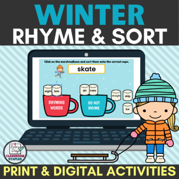 Preview of Winter Rhyme and Sort Worksheets and Digital Rhyming Activities