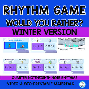 Elementary music teachers can help their students practice rhythms during the cold winter months using this WINTER RHYTHM Game "Would You Rather?" Interactive and engaging beginning level rhythm game for younger students learning quarter notes and joined eighth notes. (ta and ti-ti) The narrator will give the directions and ask the questions. Students will choose their answer and then play the rhythm that matches their answer during the music. Your students will LOVE this interactive activity. K-2