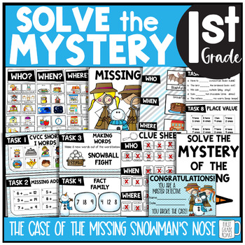Preview of Winter SNOWMAN's Nose Solve the Mystery Math & ELA Task Card Activity