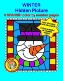 Winter SPANISH Hidden Picture color by number pages (8 pag