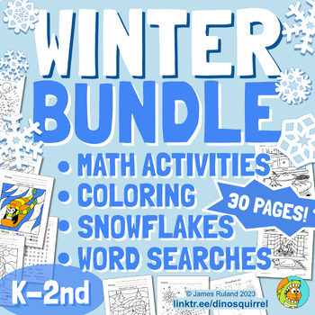 Preview of Winter Seasonal BUNDLE K-2 (30 pages) Math, Coloring, Snowflakes, Word Search