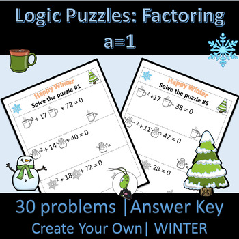 Preview of Winter Seasonal Factoring A=1 | Number Sense Logic Puzzles | Algebra 1